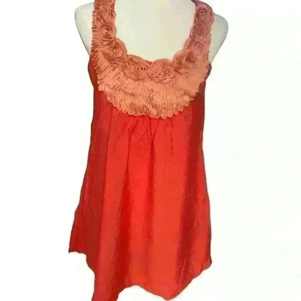 Faisca Sleeveless Blouse Racerback Floral Neckline Color: Coral Size M